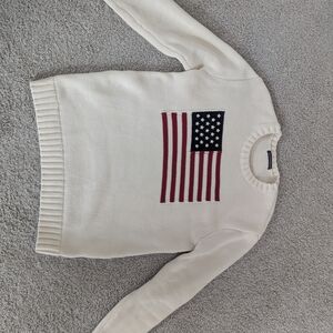 Brandy Melville Cream Crewneck Sweater with Red & Navy Flag